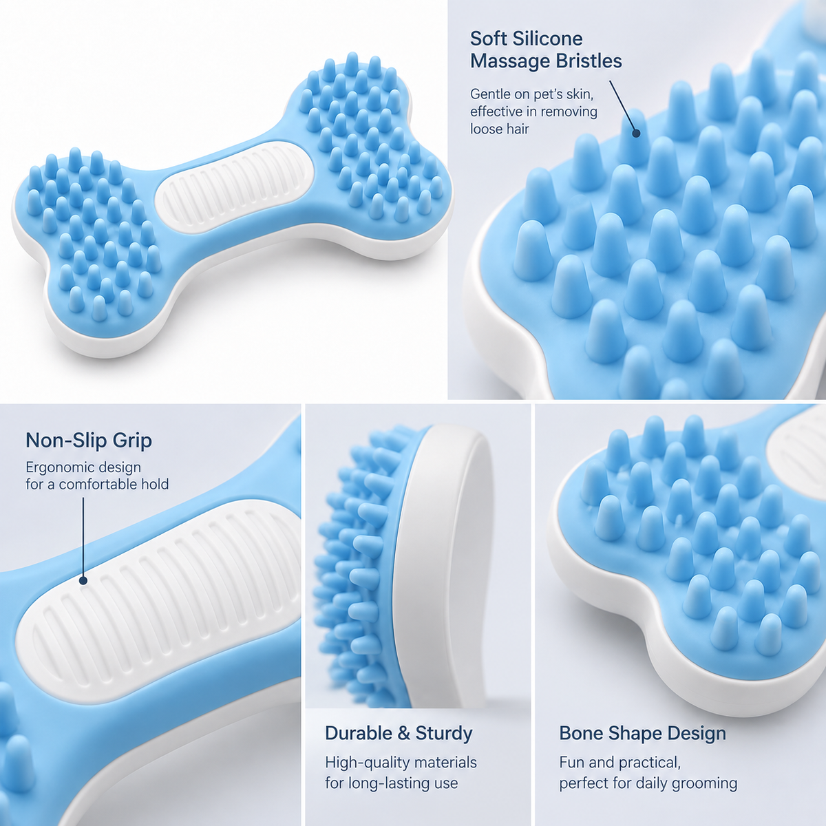 Blue Bone-Shaped Pet Massage Brush - Soft Silicone Grooming & Bath Brush for Cats & Dogs