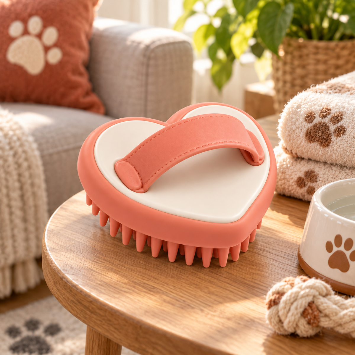 Coral Heart-Shaped Pet Massage Brush - Soft Silicone Bath and Grooming Brush for Cats and Dogs
