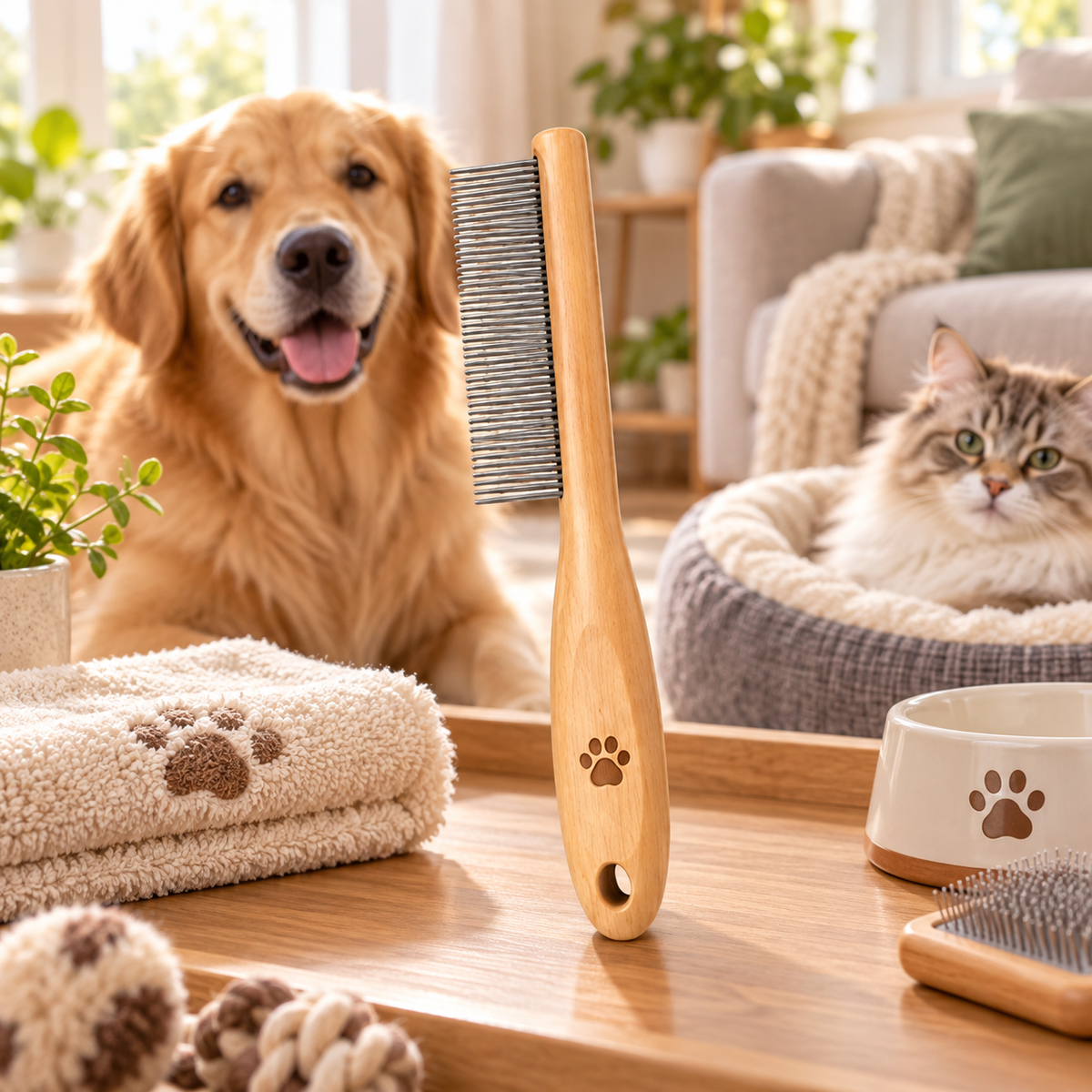 Natural Wood Fine-Tooth Pet Grooming Comb - Stainless Steel Detangling Comb for Cats & Dogs