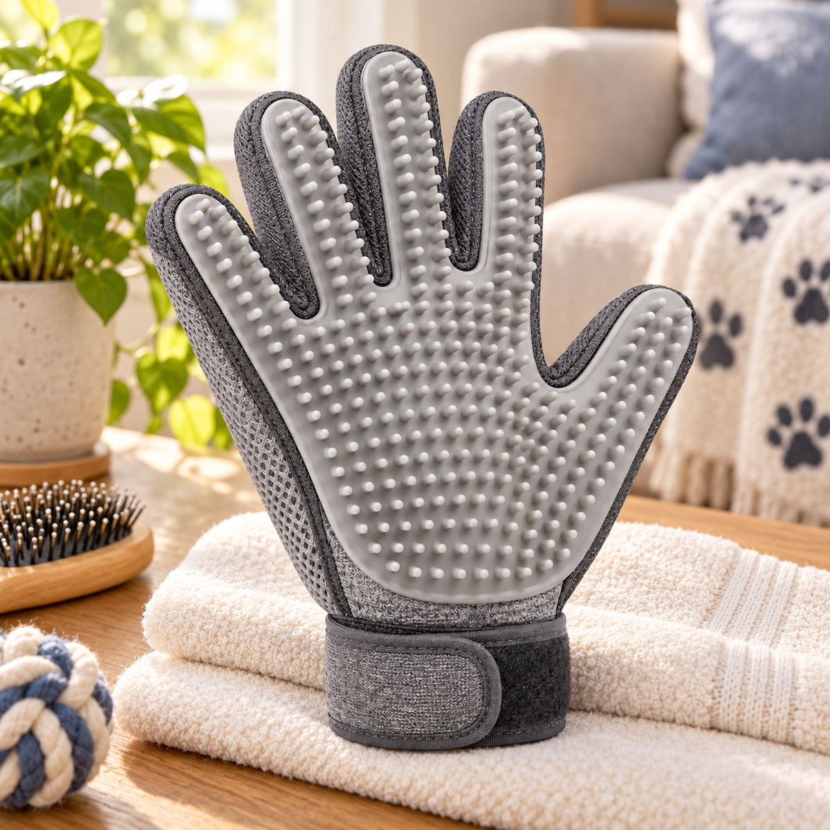 Gray Silicone Pet Grooming Glove - Gentle Deshedding and Bath Massage Glove for Cats and Dogs