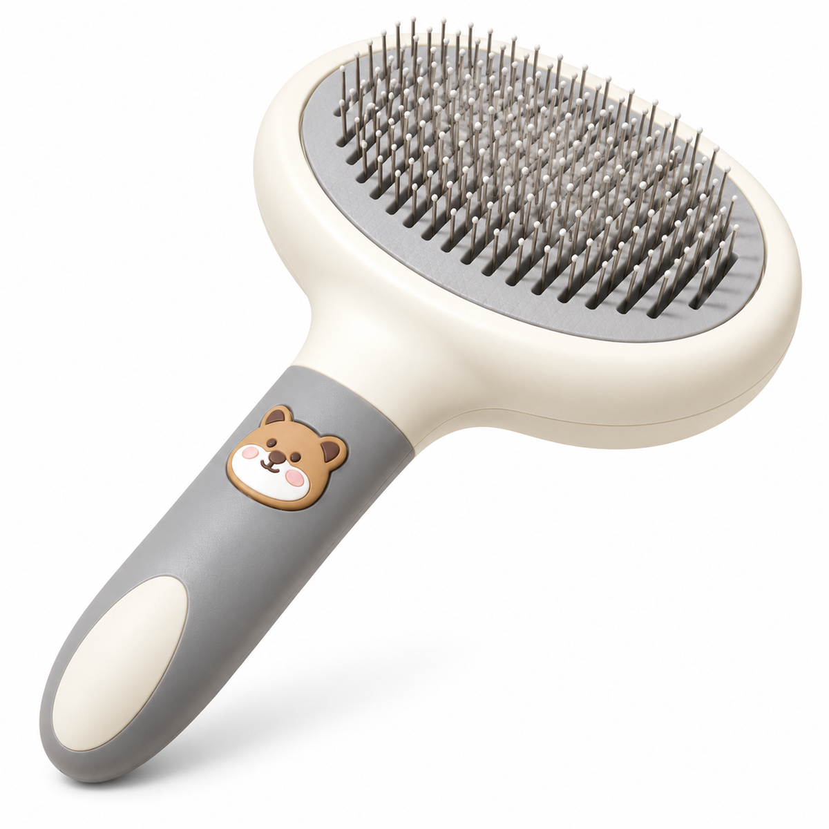 Cute Bear Self-Cleaning Pet Slicker Brush - Grey & Beige Grooming Tool for Dogs & Cats with Loose Hair Removal