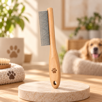 Natural Wood Fine-Tooth Pet Grooming Comb - Stainless Steel Detangling Comb for Cats & Dogs