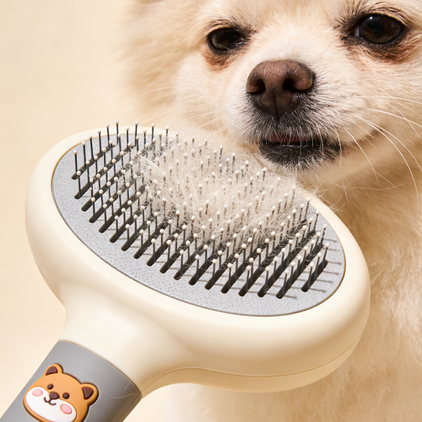 Cute Bear Self-Cleaning Pet Slicker Brush - Grey & Beige Grooming Tool for Dogs & Cats with Loose Hair Removal