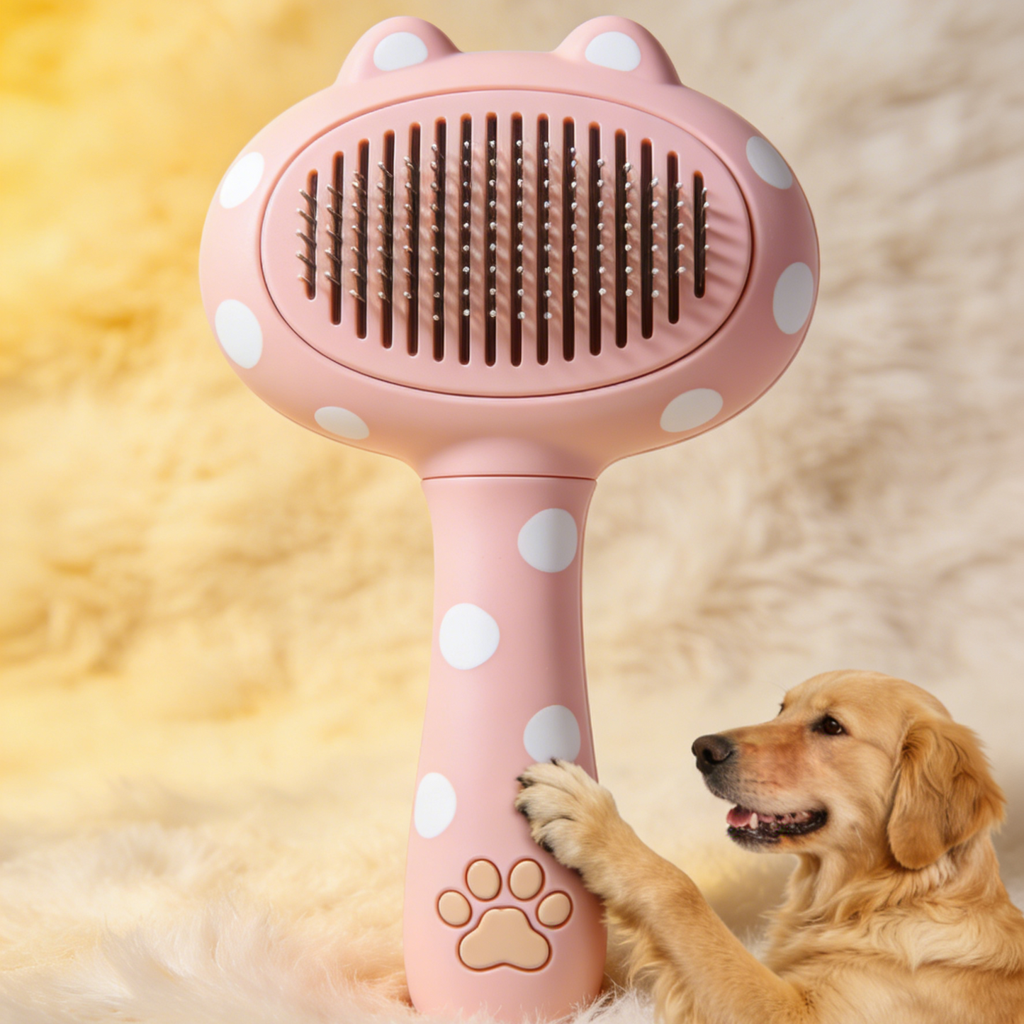 Polka Dot Cat Ear Pet Slicker Brush - Pink Self-Cleaning Grooming Tool for Cats with Paw Print Handle