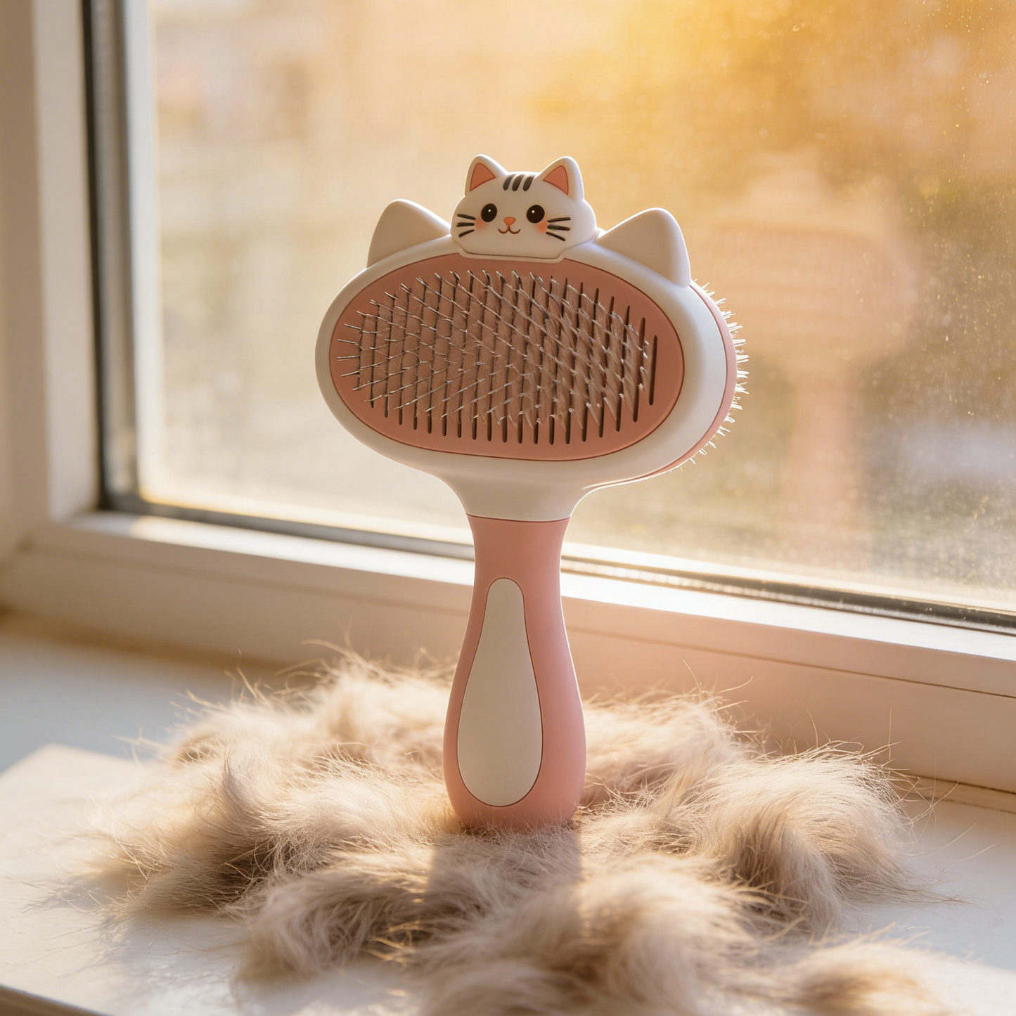 3D Cat Head Pet Slicker Brush - Pink & White Grooming Tool with Cute Cat Topper for Cats & Kittens