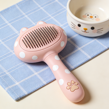 Polka Dot Cat Ear Pet Slicker Brush - Pink Self-Cleaning Grooming Tool for Cats with Paw Print Handle