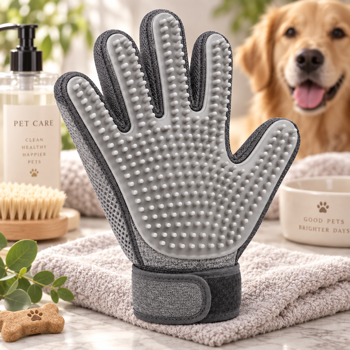Gray Silicone Pet Grooming Glove - Gentle Deshedding and Bath Massage Glove for Cats and Dogs