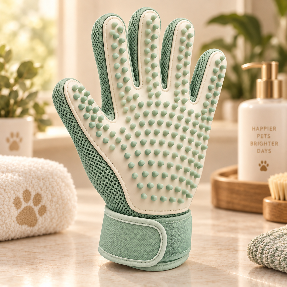 Mint Green Pet Grooming Glove - Soft Silicone Deshedding and Bath Massage Glove for Cats and Dogs