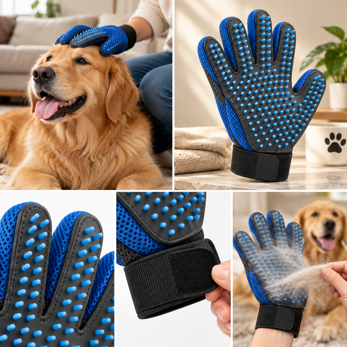 Blue Silicone Pet Grooming Glove - Deshedding and Massage Glove for Cats and Dogs