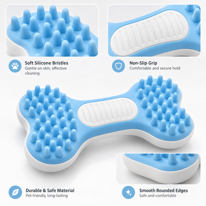 Blue Bone-Shaped Pet Massage Brush - Soft Silicone Grooming &amp; Bath Brush for Cats &amp; Dogs