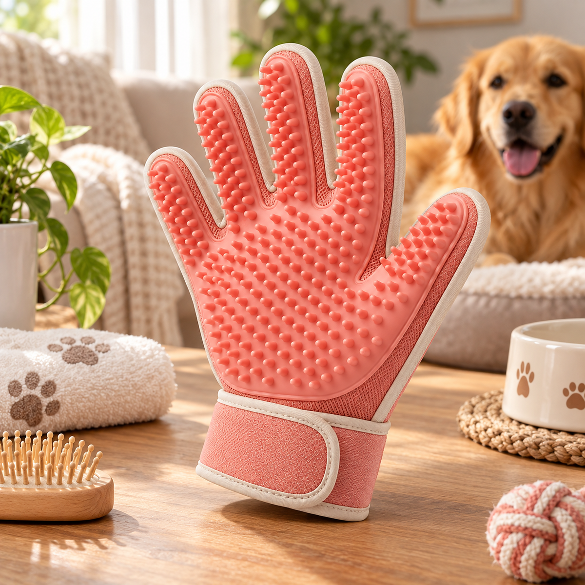 Coral Pink Pet Grooming Glove - Silicone Deshedding and Massage Glove for Cats and Dogs