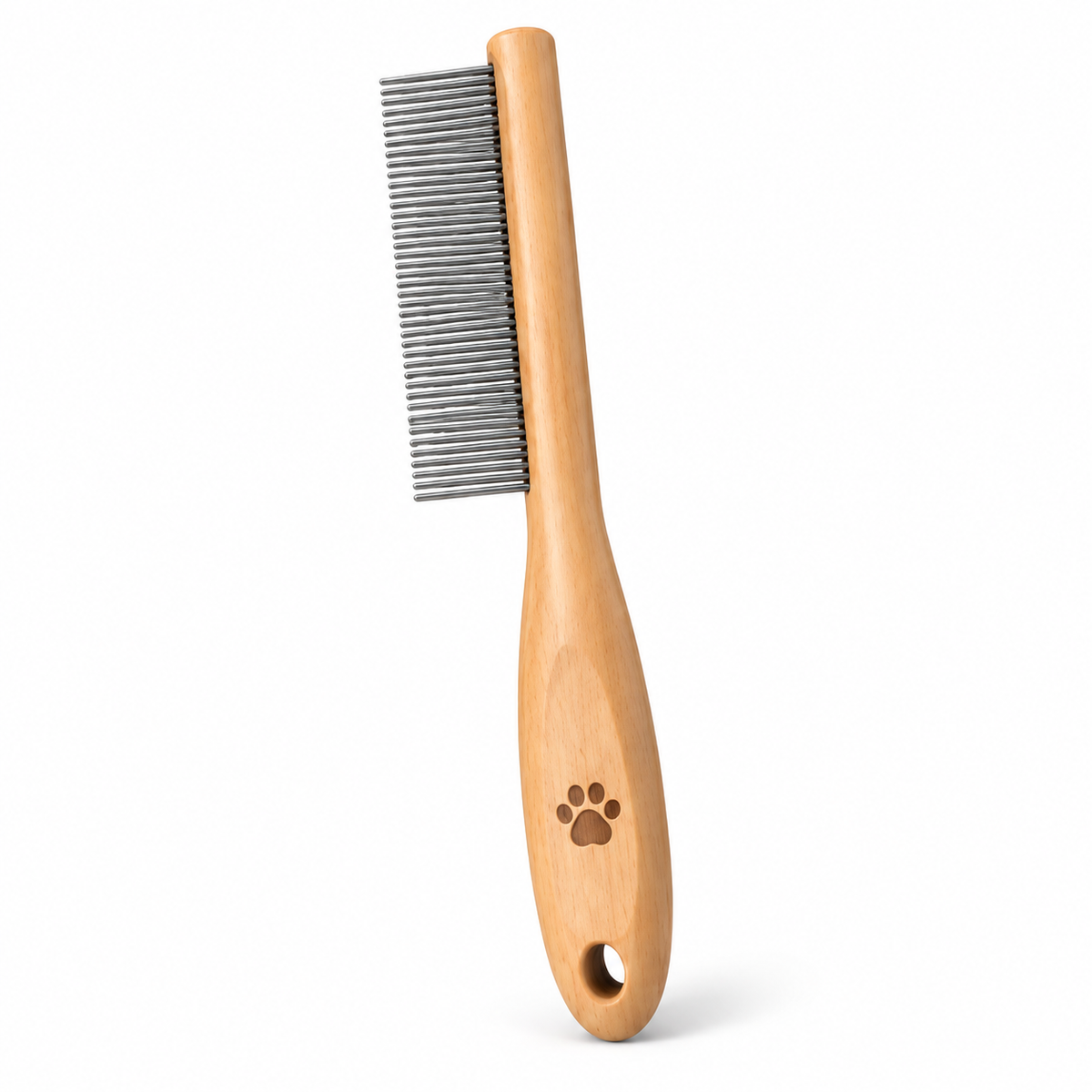 Natural Wood Fine-Tooth Pet Grooming Comb - Stainless Steel Detangling Comb for Cats & Dogs