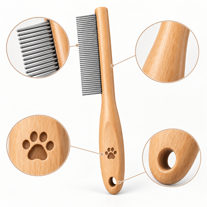 Natural Wood Fine-Tooth Pet Grooming Comb - Stainless Steel Detangling Comb for Cats & Dogs