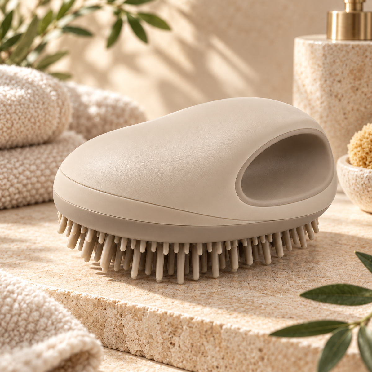 Beige Palm-Grip Pet Massage Brush - Gentle Silicone Bath & Grooming Brush for Cats & Dogs