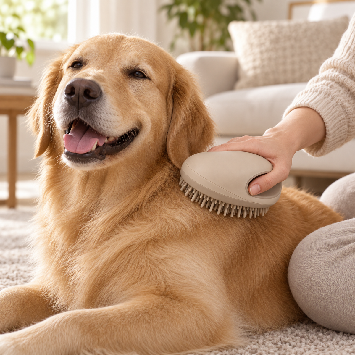 Beige Palm-Grip Pet Massage Brush - Gentle Silicone Bath & Grooming Brush for Cats & Dogs