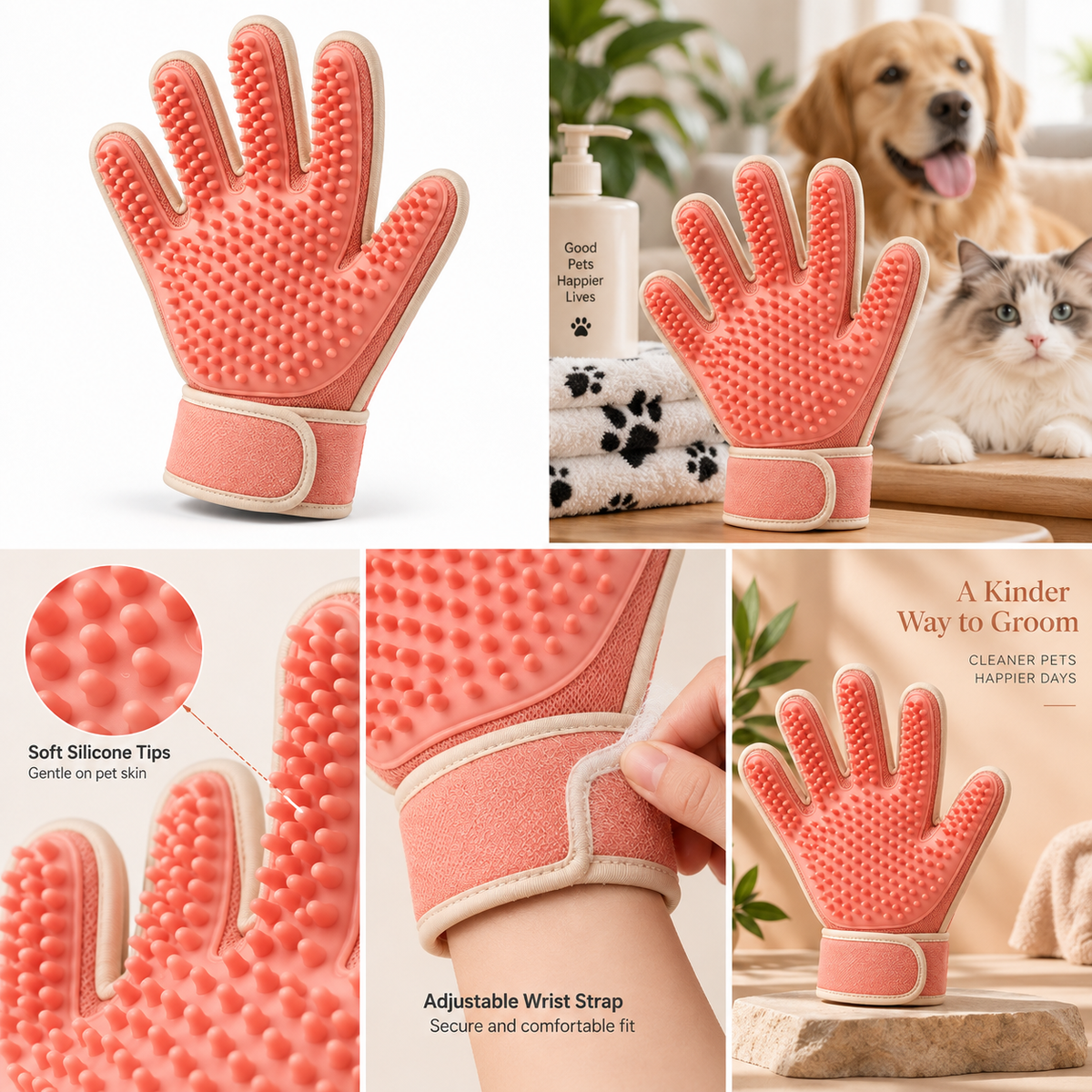 Coral Pink Pet Grooming Glove - Silicone Deshedding and Massage Glove for Cats and Dogs