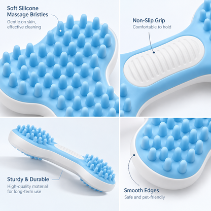 Blue Bone-Shaped Pet Massage Brush - Soft Silicone Grooming &amp; Bath Brush for Cats &amp; Dogs