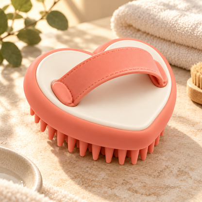 Coral Heart-Shaped Pet Massage Brush - Soft Silicone Bath and Grooming Brush for Cats and Dogs