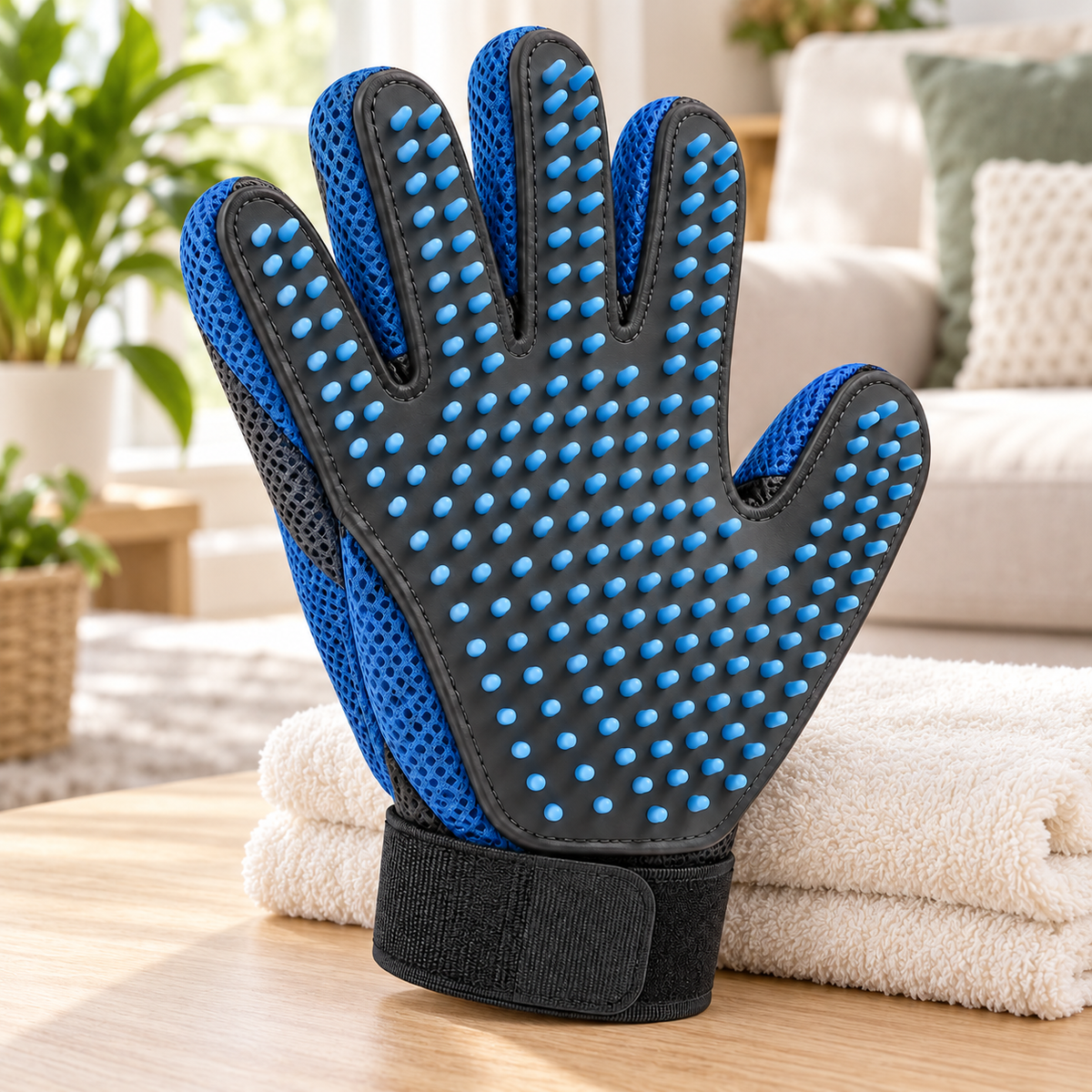 Blue Silicone Pet Grooming Glove - Deshedding and Massage Glove for Cats and Dogs