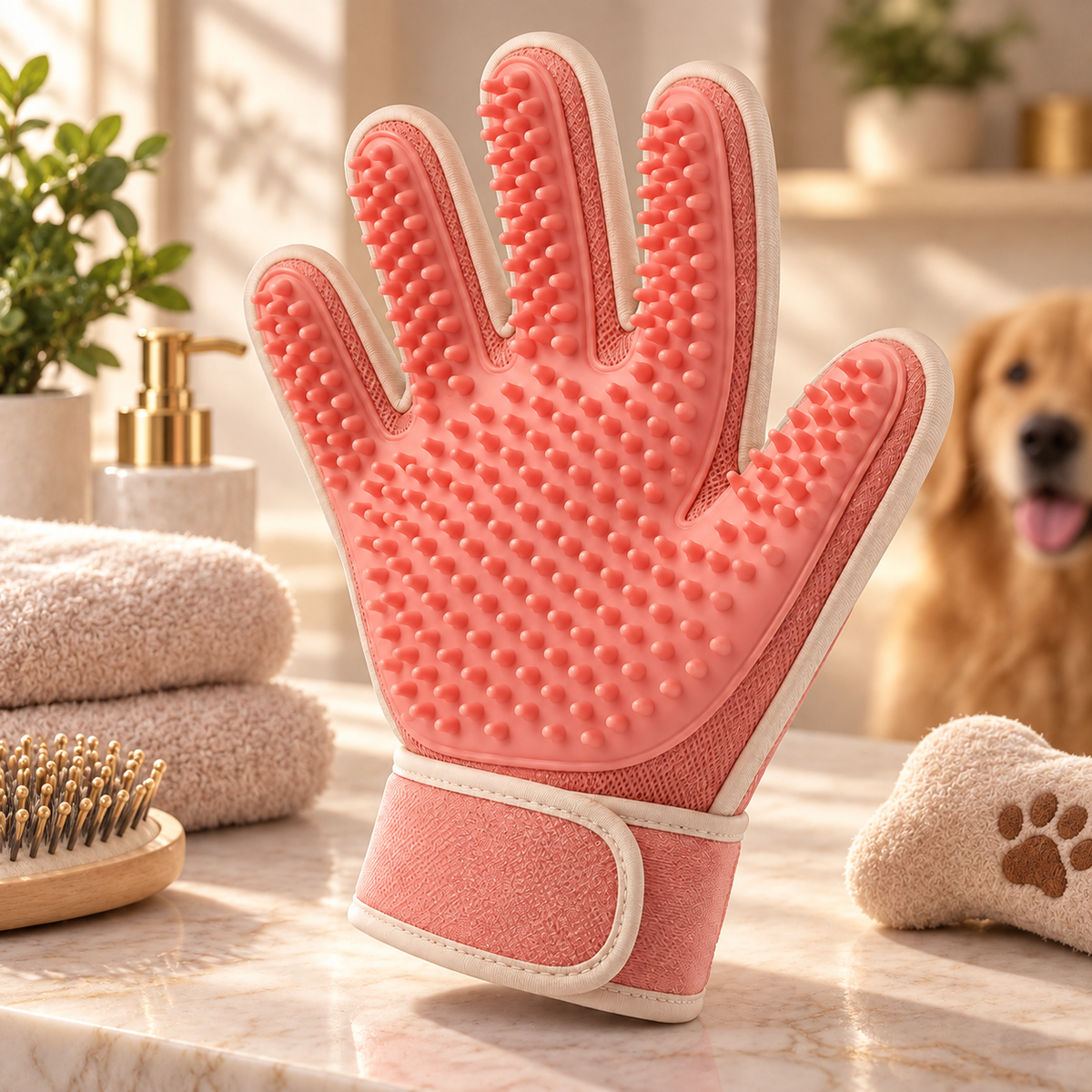 Coral Pink Pet Grooming Glove - Silicone Deshedding and Massage Glove for Cats and Dogs