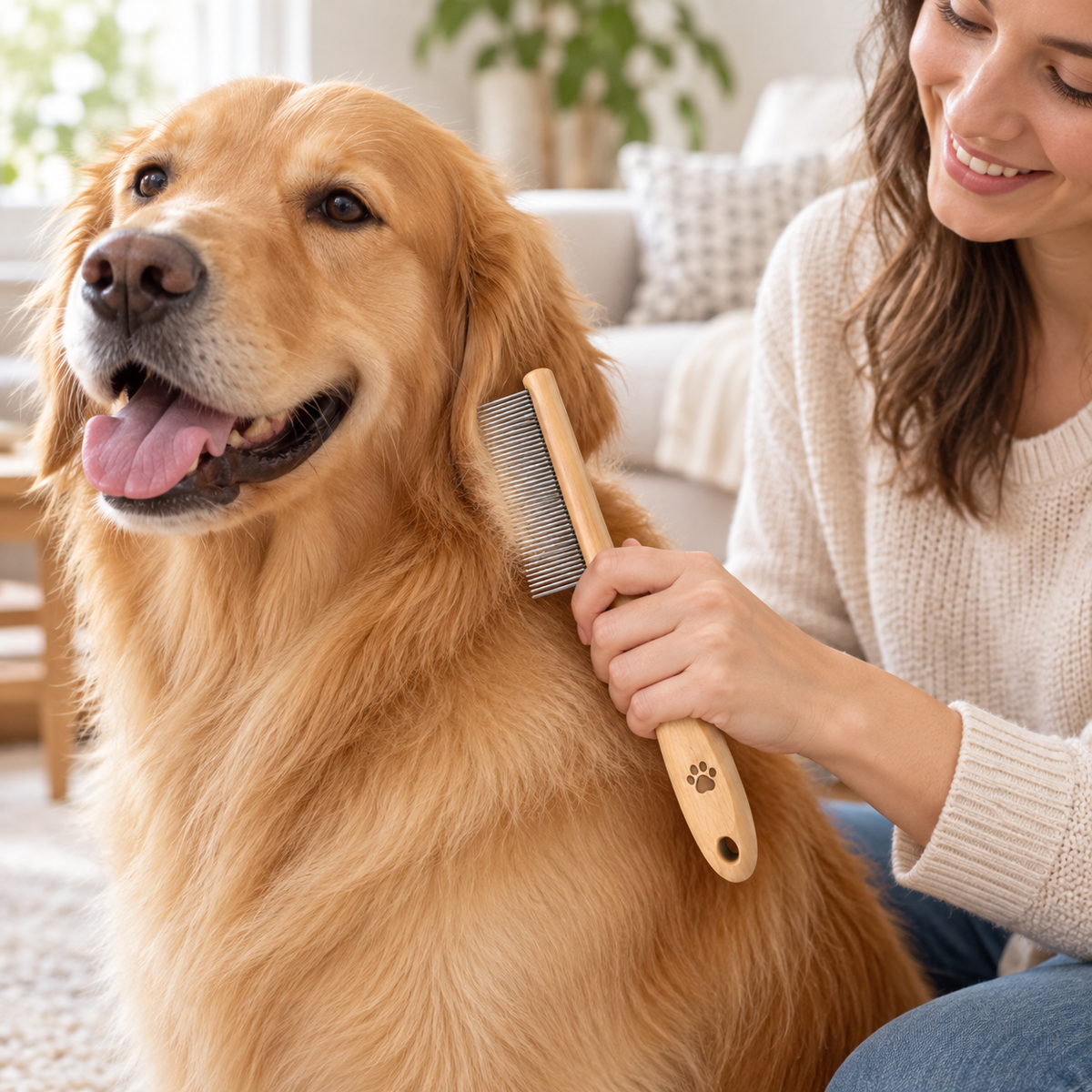 Natural Wood Fine-Tooth Pet Grooming Comb - Stainless Steel Detangling Comb for Cats & Dogs