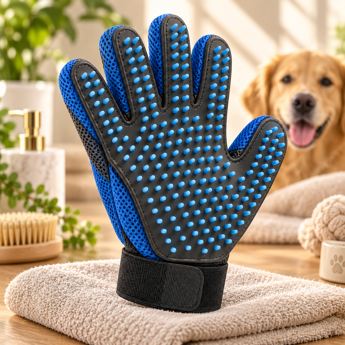 Blue Silicone Pet Grooming Glove - Deshedding and Massage Glove for Cats and Dogs