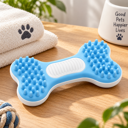 Blue Bone-Shaped Pet Massage Brush - Soft Silicone Grooming &amp; Bath Brush for Cats &amp; Dogs